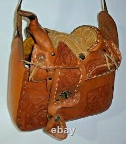 Vtg Hand Tooled Leather Cowgirl Mini Horse Saddle Purse Western Bag Equestrian
