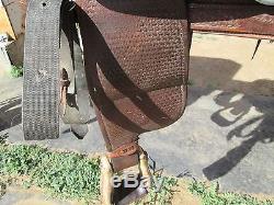 Vtg Used Carl Ammerman 15 Leather Basket Stamp Ranch Rope Saddle Yoakum Texas