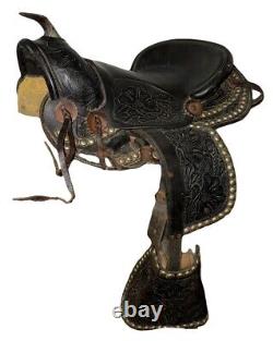 Western American Youth 12 Seat Horse Saddle Black Flower Design #651