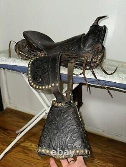 Western American Youth 12 Seat Horse Saddle Black Flower Design #651