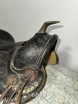 Western American Youth 12 Seat Horse Saddle Black Flower Design #651