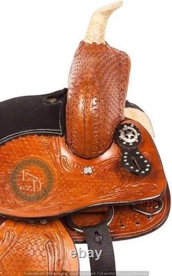 Western Barrel Leather Horse Saddle Full Tack Set. Size-10-18 inch