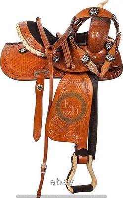 Western Barrel Leather Horse Saddle Full Tack Set. Size-10-18 inch