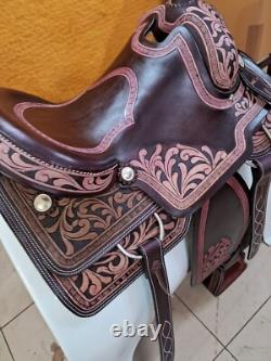 Western Dark Maroon Saddle With Hand Tool High Quality Leather