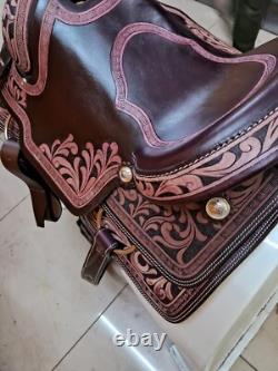 Western Dark Maroon Saddle With Hand Tool High Quality Leather