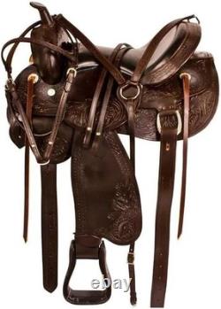 Western Hand Tooled Leather Horse Saddle Dark Brown With Tack Set All Size