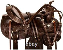 Western Hand Tooled Leather Horse Saddle Dark Brown With Tack Set All Size