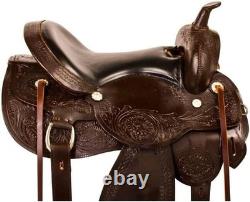Western Hand Tooled Leather Horse Saddle Dark Brown With Tack Set All Size