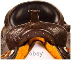 Western Hand Tooled Leather Horse Saddle Dark Brown With Tack Set All Size