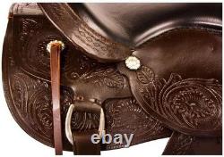 Western Hand Tooled Leather Horse Saddle Dark Brown With Tack Set All Size