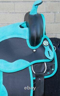 Western Horse Saddle Show Teal Turquoise Synthetic Trail Tack Used 14 15