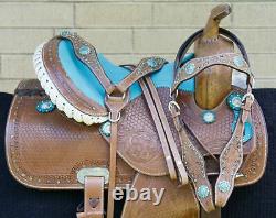 Western Horse Saddle Turquoise Leather Barrel Trail Show Tack Used 15 16