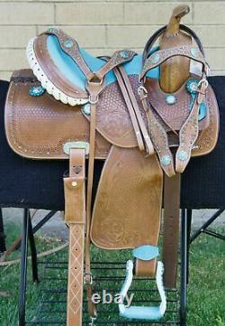 Western Horse Saddle Turquoise Leather Barrel Trail Show Tack Used 15 16