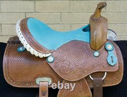 Western Horse Saddle Turquoise Leather Barrel Trail Show Tack Used 15 16