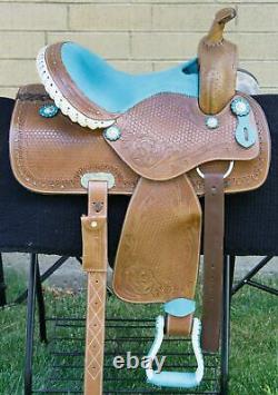 Western Horse Saddle Turquoise Leather Barrel Trail Show Tack Used 15 16