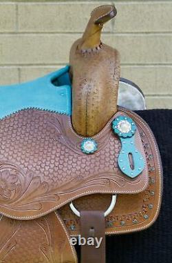 Western Horse Saddle Turquoise Leather Barrel Trail Show Tack Used 15 16