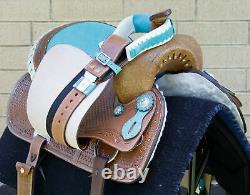 Western Horse Saddle Turquoise Leather Barrel Trail Show Tack Used 15 16