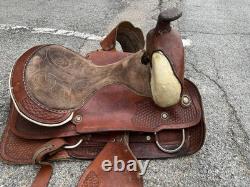 Western Leather Saddle Two Tone Basket Weave Horse Tack D Rings Conches