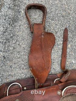 Western Leather Saddle Two Tone Basket Weave Horse Tack D Rings Conches