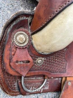 Western Leather Saddle Two Tone Basket Weave Horse Tack D Rings Conches