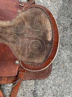 Western Leather Saddle Two Tone Basket Weave Horse Tack D Rings Conches