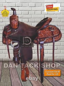 Western Ranch Horse Saddle Premium Leather Handmade with Tack Set Free shipping