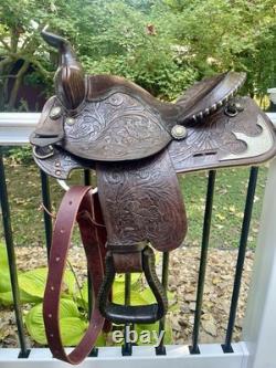 Western Saddle, 14? , Fully Tooled With Silver Accents And Suede Seat