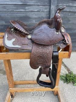 Western Saddle, 14? , Fully Tooled With Silver Accents And Suede Seat