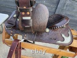 Western Saddle, 14? , Fully Tooled With Silver Accents And Suede Seat