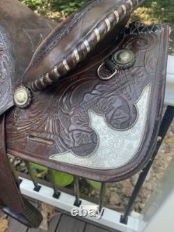 Western Saddle, 14? , Fully Tooled With Silver Accents And Suede Seat