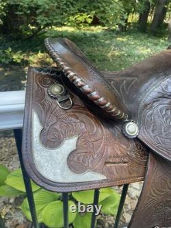 Western Saddle, 14? , Fully Tooled With Silver Accents And Suede Seat
