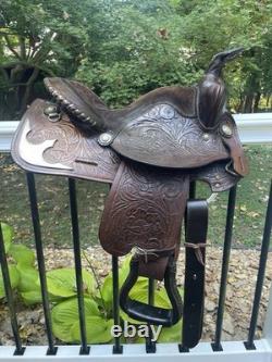 Western Saddle, 14? , Fully Tooled With Silver Accents And Suede Seat