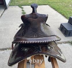 Western Saddle, 14? , Fully Tooled With Silver Accents And Suede Seat