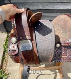Western Saddle, 15? , Fully Tooled With Silver Accents And Suede Seat