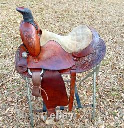 Western Saddle 15-Inch Seat Pleasure Trail Riding Horse Fancy Tooled Leather VGC