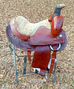 Western Saddle 15-Inch Seat Pleasure Trail Riding Horse Fancy Tooled Leather VGC