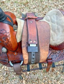 Western Saddle 15-Inch Seat Pleasure Trail Riding Horse Fancy Tooled Leather VGC