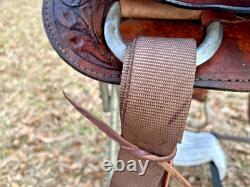 Western Saddle 15-Inch Seat Pleasure Trail Riding Horse Fancy Tooled Leather VGC
