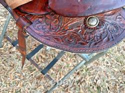 Western Saddle 15-Inch Seat Pleasure Trail Riding Horse Fancy Tooled Leather VGC