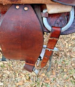 Western Saddle 15-Inch Seat Pleasure Trail Riding Horse Fancy Tooled Leather VGC