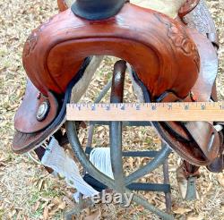 Western Saddle 15-Inch Seat Pleasure Trail Riding Horse Fancy Tooled Leather VGC