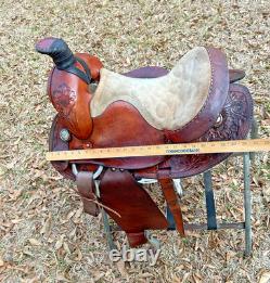 Western Saddle 15-Inch Seat Pleasure Trail Riding Horse Fancy Tooled Leather VGC