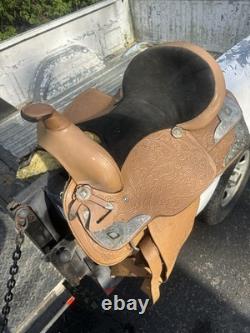Western Saddle 16 Brown Leather Floral Black Suede Seat Stirrups Silver Accents