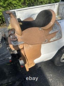 Western Saddle 16 Brown Leather Floral Black Suede Seat Stirrups Silver Accents