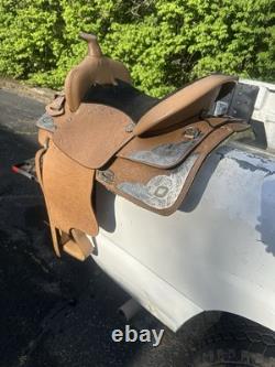 Western Saddle 16 Brown Leather Floral Black Suede Seat Stirrups Silver Accents