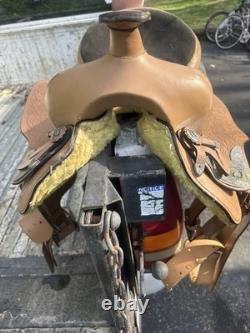 Western Saddle 16 Brown Leather Floral Black Suede Seat Stirrups Silver Accents