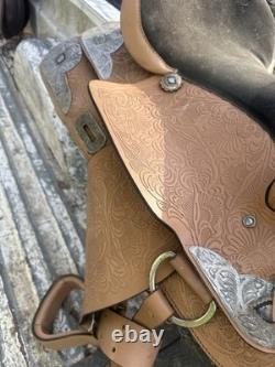 Western Saddle 16 Brown Leather Floral Black Suede Seat Stirrups Silver Accents