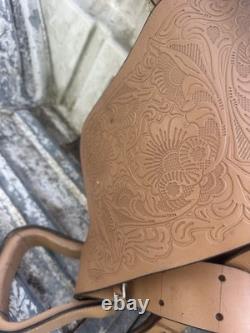 Western Saddle 16 Brown Leather Floral Black Suede Seat Stirrups Silver Accents