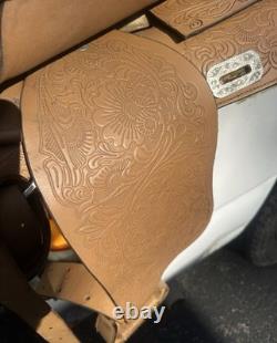 Western Saddle 16 Brown Leather Floral Black Suede Seat Stirrups Silver Accents