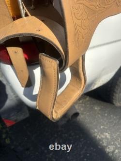 Western Saddle 16 Brown Leather Floral Black Suede Seat Stirrups Silver Accents